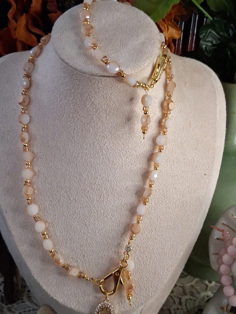Gold-Tone White & Peach Beaded Necklace With Cross Pendant Set